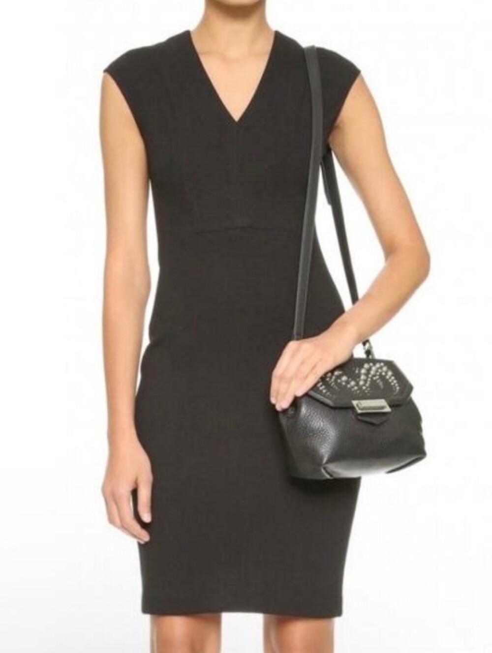 Vince Black Cap-Sleeve Midi Bib Sheath Dress Sz 10